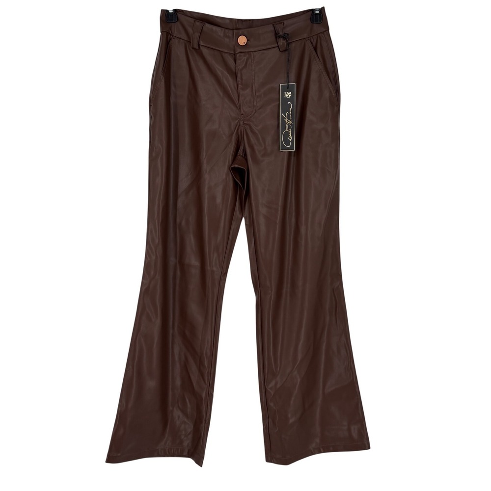 Diane Gilman D2 David Dixon Brown Faux Vegan Leather Flare Leg Pants Size 12 NWT